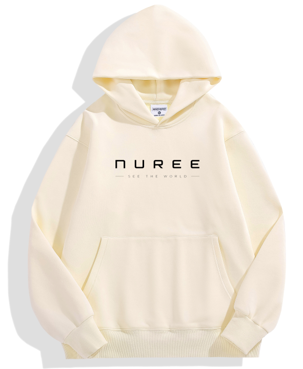 A cream-colored pullover hoodie with 'NUREE' and 'SEE THE WORLD' printed in black on the chest, displayed on a clean white background with a soft shadow.