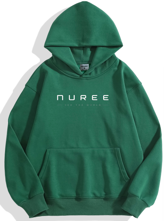 A green pullover hoodie with 'NUREE' printed in white across the chest, displayed on a clean white background with a soft shadow.