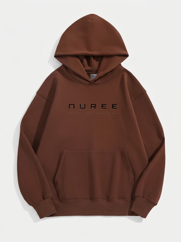 A brown pullover hoodie with 'NUREE DAY 14 APOKALYPSE' printed in black across the chest, displayed flat against a light gray background.