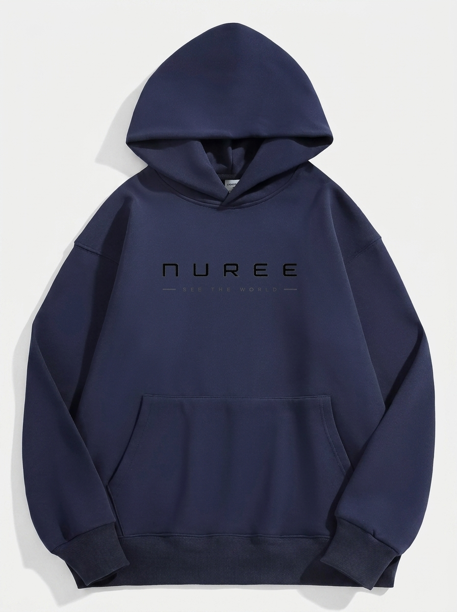 A navy blue pullover hoodie with a front kangaroo pocket and the brand name 'NUREE' printed in black across the chest, displayed on a light gray background.