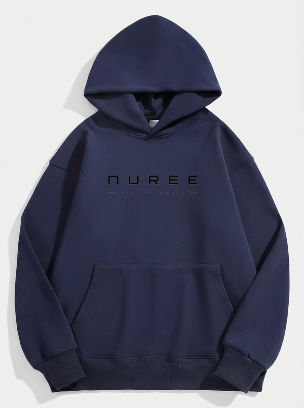 A navy blue pullover hoodie with a front kangaroo pocket and the brand name 'NUREE' printed in black across the chest, displayed on a light gray background.