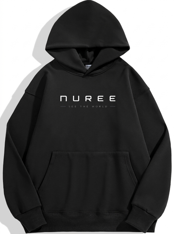 A black pullover hoodie with a front kangaroo pocket and a white printed logo reading 'NUREE' and 'SEE THE WORLD' on the chest, shown on a clean white background.