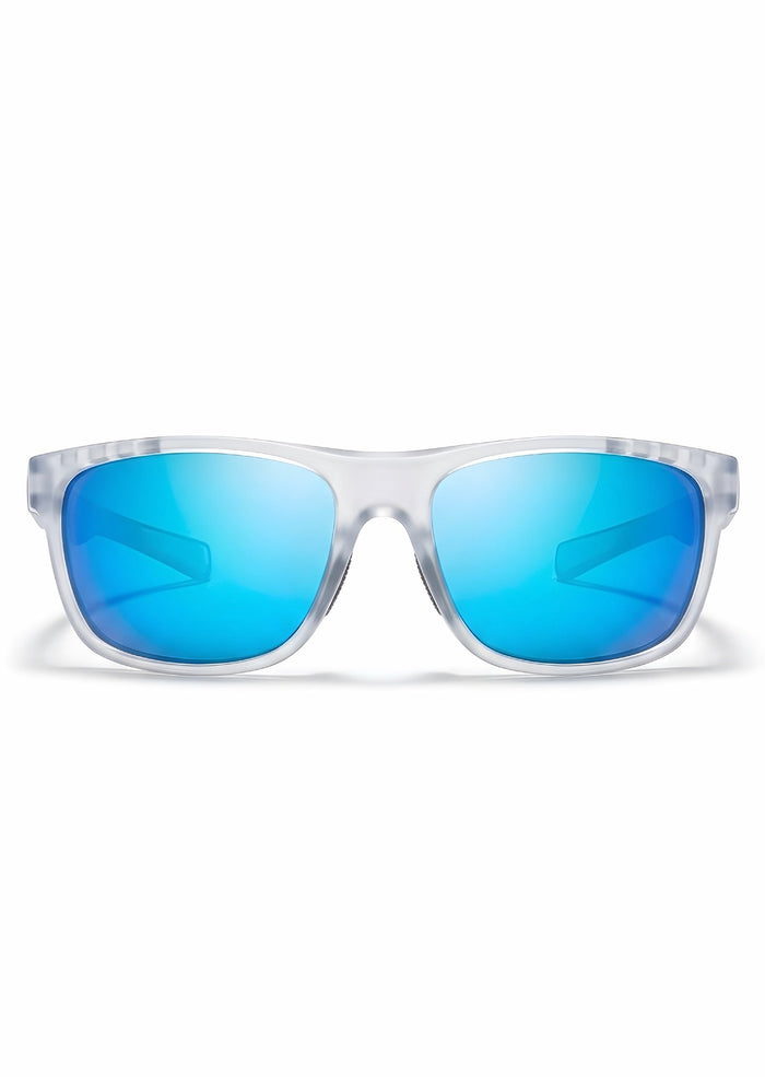 Sport Sunglasses – Clear Frame with Blue Mirrored Polarized Lenses - Nuree World